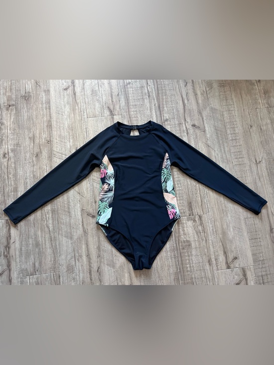 Ripzone Other - Black Long Sleeve One-Piece Swimsuit with Tropical Side Panels scoop back modest